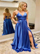 A Line V Neck Spaghetti Straps Satin Lace Up Pockets Prom Dresses