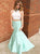 A Line Lace Two Piece Beading High Neck Prom Dresses