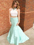 A Line Lace Two Piece Beading High Neck Sweep Train Mint Satin Prom Dress LBQ1753
