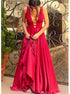 A Line V Neck Open Back Red Satin Pleats Prom Dresses LBQ2239