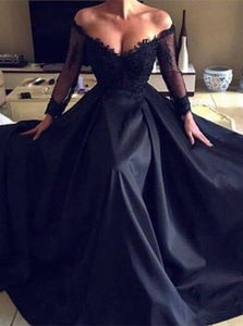 Ball Gown Long Sleeves Lace Satin Prom Dresses