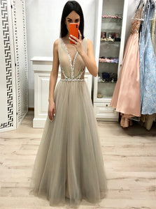 A Line V Neck Tulle Pleats Rhinestones Prom Dresses