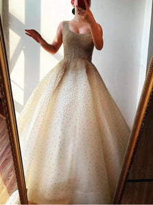 A Line Square Neck Beading Tulle Champagne Prom Dresses