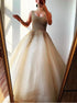 A Line Square Neck Beading Tulle Champagne Prom Dress LBQ2752