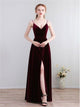 Burgundy V Neck Floor Length Prom Dresses with Slit