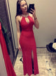Red Mermaid Satin Prom Dresses with Slit 