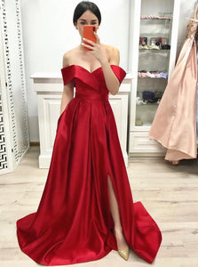 Sweep Train Red Satin Evening Dresses with Slit