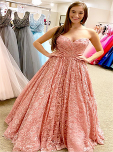 Pink Lace Sweetheart Prom Dresses with Pleats