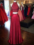 A Line Two Pieces Red Satin Halter Beadings Prom Dress with Slit LBQ1696