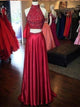 A Line Two Pieces Red Satin Halter Beadings Prom Dresses with Slit