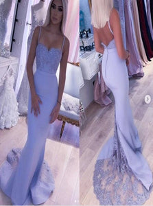 Lace Lavender Spaghetti Straps Mermaid Satin Backless Prom Dresses 