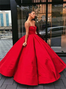 Red Sweetheart Satin Ball Gown Sleeveless Prom Dresses