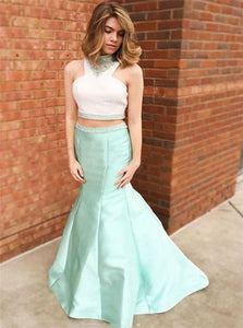 Sleeveless Mint Satin Prom Dresses 