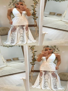 A Line Appliques Satin White Prom Dresses