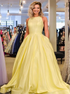 A Line Scoop Yellow Satin Pockets Prom Dress LBQZX3142