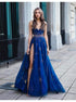 A Line Blue V Neck Tulle Beading Prom Dresses LBQ2458