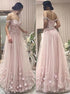 A Line Pink Off The Shoulder Tulle Floral Prom Dress LBQ2593