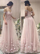 A Line Pink Off The Shoulder Tulle Floral Prom Dresses 
