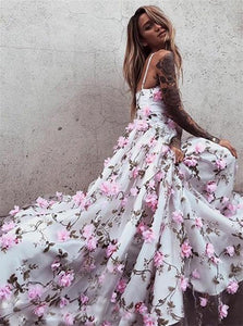 A Line Spagehtti Strap V Neck 3D Floral Prom Dresses