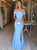 Sky Blue Satin Sleeveless Prom Dresses with Sweep Train