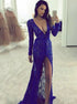 Sheath V Neck Lace Long Sleeves Prom Dresses with Slit LBQ2635