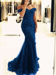 Navy Blue Short Sleeves Prom Dresses