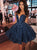 A Line Sweetheart Above Knee Blue Lace Prom Dresses with Beadings