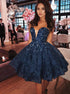 A Line Sweetheart Above Knee Blue Lace Prom Dress with Beadings LBQ0924