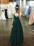 A Line V Neck Emerald Green Tulle Pleats Prom Dresses LBQ2910