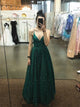 A Line V Neck Emerald Green Tulle Pleats Prom Dresses