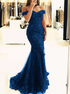 Navy Blue Lace Off the Shoulder Mermaid Beaded Prom Dress LBQ2006