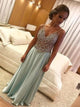 A Line V Neck Light Green Beads Satin Prom Dresses