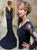 Dark Navy Mermaid V Neck Open Back Long Sleeves Tulle Appliques Prom Dresses