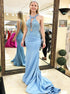 Halter Pale Blue Mermaid Satin Prom Dresses LBQ1232