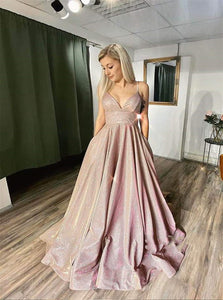 Pink Satin Sleeveless Lace Up Prom Dresses