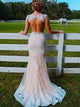 Champagne Open Back Sweep Train Appliques Prom Dresses