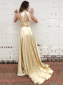 Two Piece A Line High Neck Open Back Sweep Train Prom Dresses with Beadings