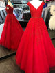 A Line V Neck Pink  Lace Appliques Tulle Red Prom Dresses