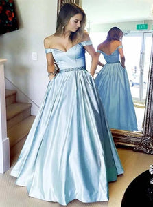 A Line Off the Shoulder Beadings Satin Zipper Up Prom Dresses 