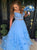 Blue Two Piece Lace Bodice Flowers V Neck Tulle Prom Dresses
