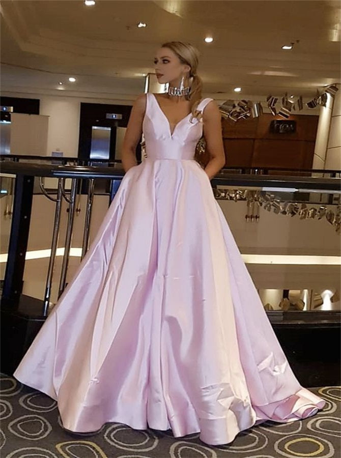 A Line Pink Satin Prom Dresses with Pockets | Alinepromdress A Line Pink Satin Prom Dresses with Pockets | Alinepromdress