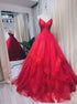 A Line Spaghetti Straps Red Ruffles Organza Prom Dress LBQ3201