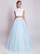 A Line Two Piece Cheap Tulle and Satin Scoop Prom Dresses