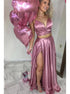A Line Two Pieces Spaghtti Strap V Neck Satin Prom Dresses with Slit LBQ2537
