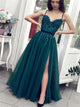 A Line Green Tulle Spaghetti Straps Beading Prom Dresses