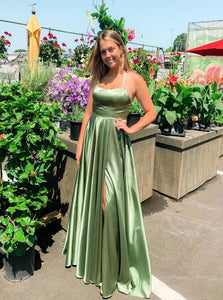 A Line Spaghetti Straps Lace Up Satin Prom Dress with Slit