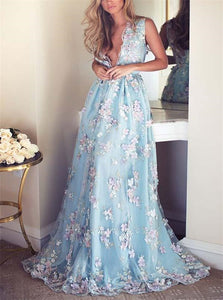 A Line Sky Blue V Neck Embroidery Tulle Prom Dresses