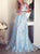 A Line Sky Blue V Neck Embroidery Tulle Prom Dresses