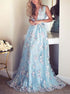 A Line Sky Blue V Neck Embroidery Tulle Prom Dress LBQ2911