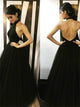 A Line Halter Black Backless Tulle Prom Dresses